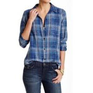 Current Elliott The Workwear Slim Boy Abbott Button Up Plaid Shirt Blue Sz 0